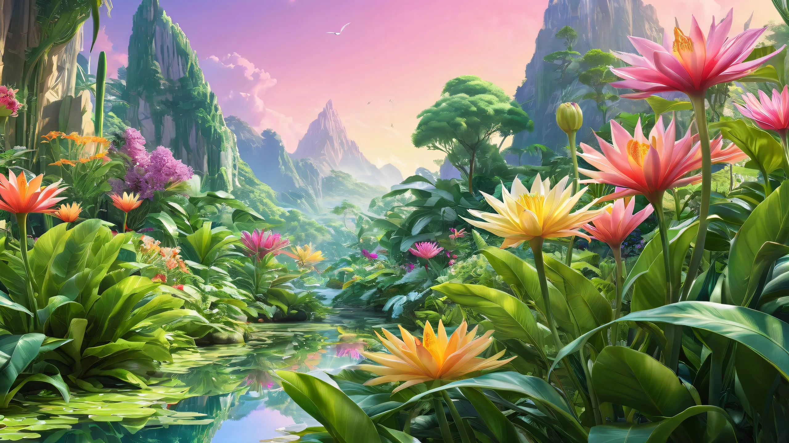A serene desktop landscape featuring vibrant flora against a pure void backdrop, perfect for a PC or Desktop.
