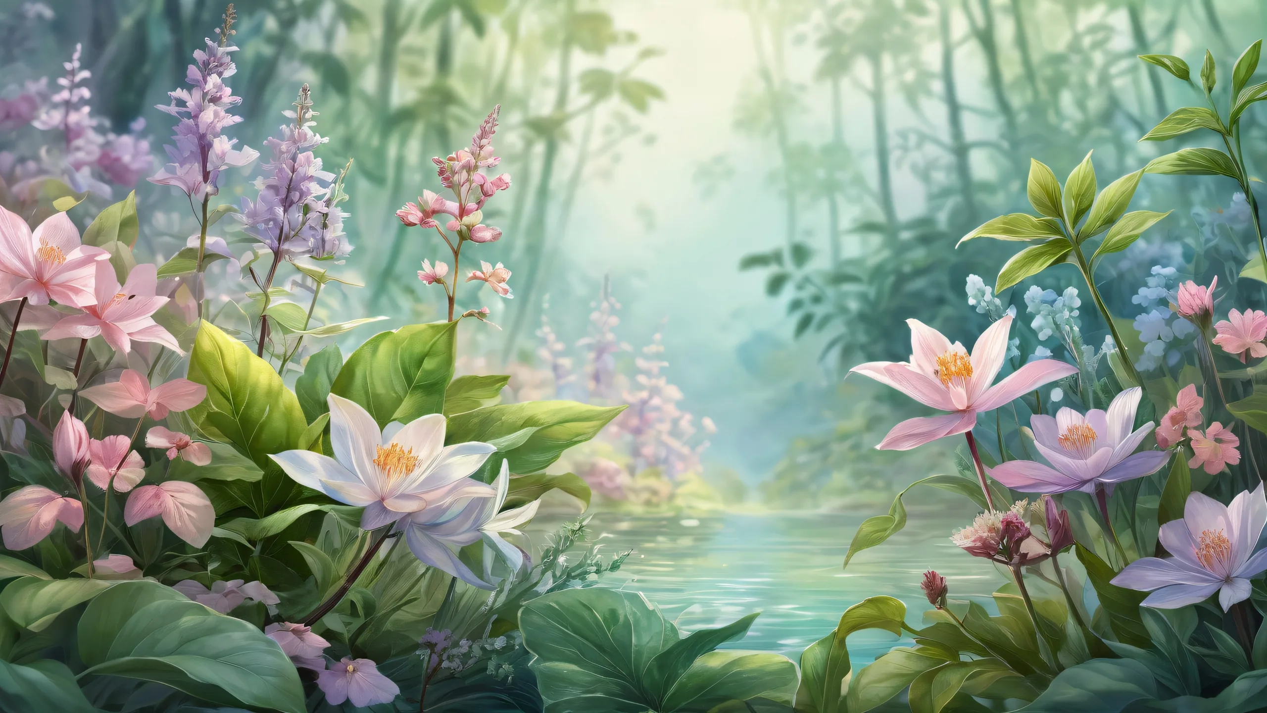 A serene desktop scene featuring exquisite botany against a pure void backdrop with mystical glow and radiant colors, suitable for Desktop/PC use.