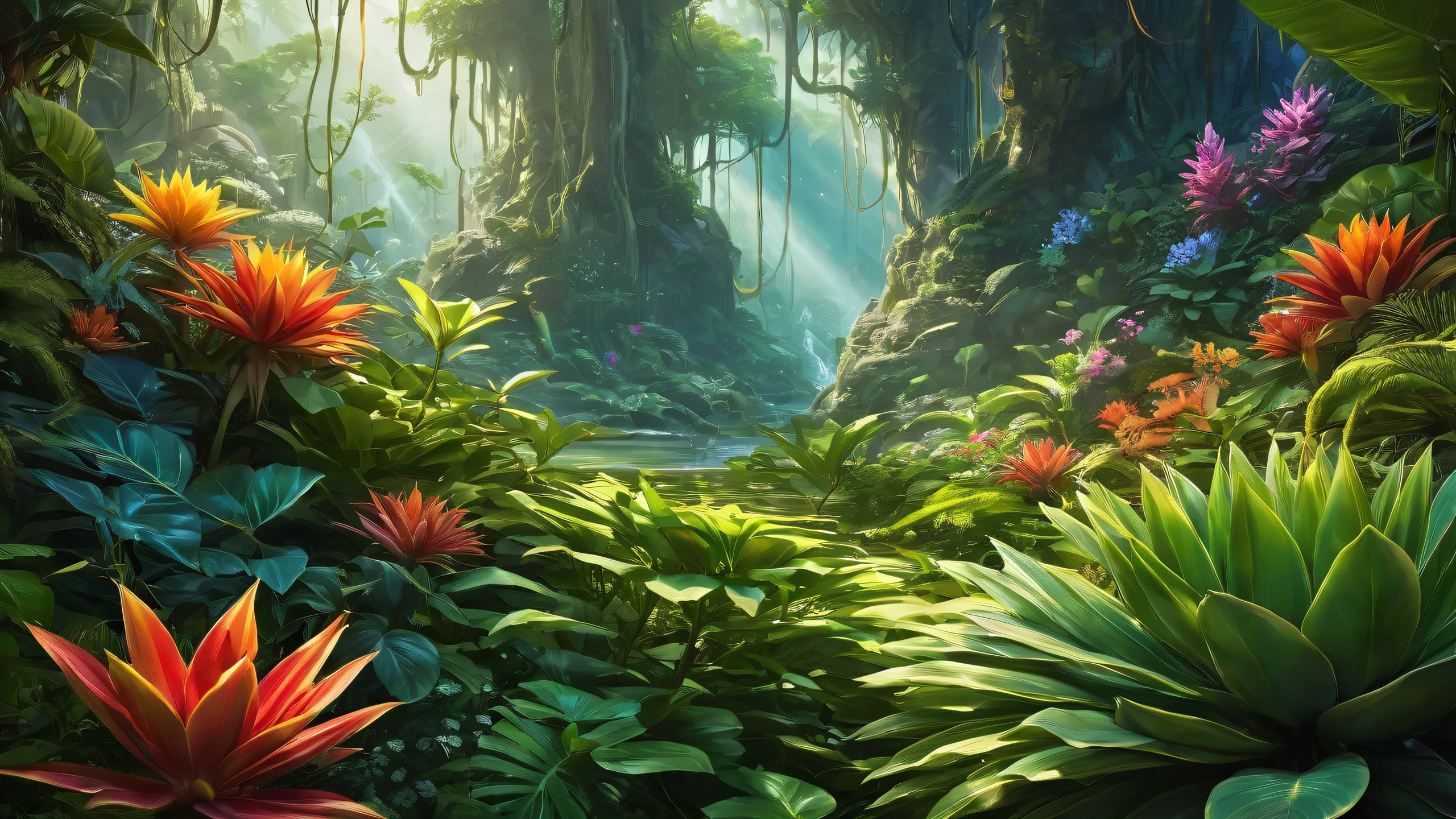 A serene and majestic desktop scene featuring a vibrant botanical garden on a clean and vast void background, perfect for your PC or Desktop.