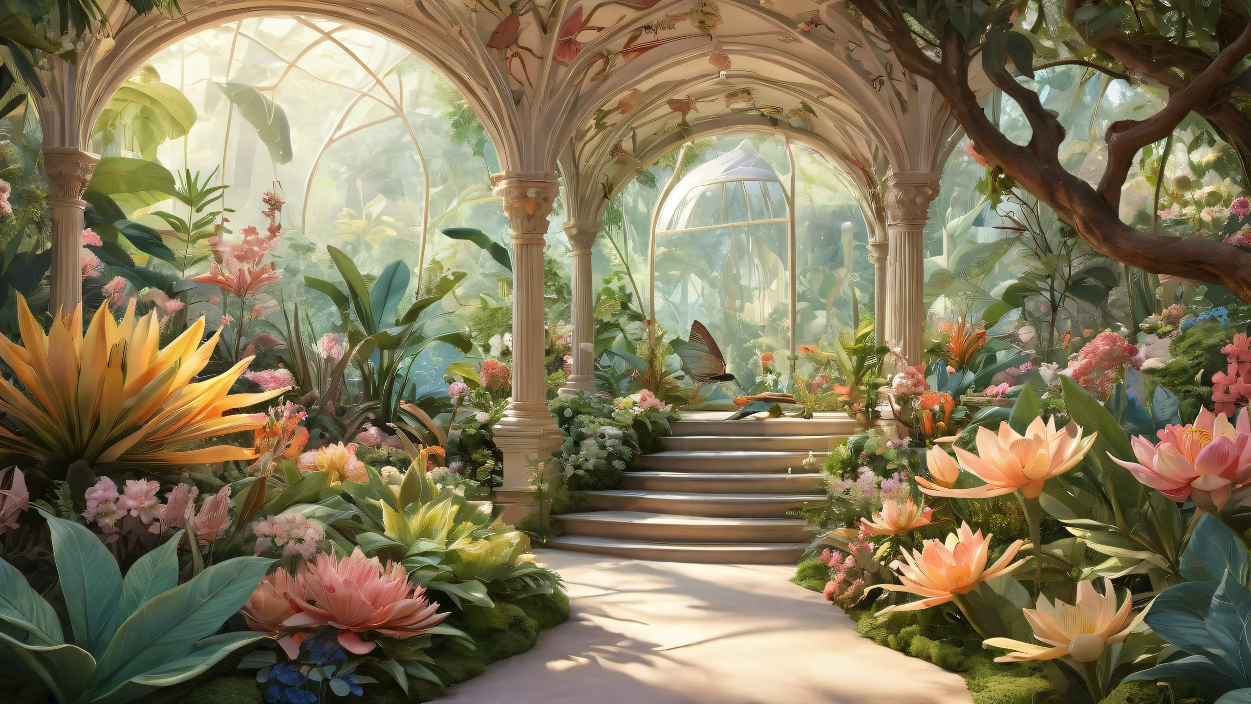 A breathtaking desktop wallpaper of a botanical garden on a pristine clean void with extreme depth of field, emphasizing the delicate beauty of the specimens for Desktop/PC.