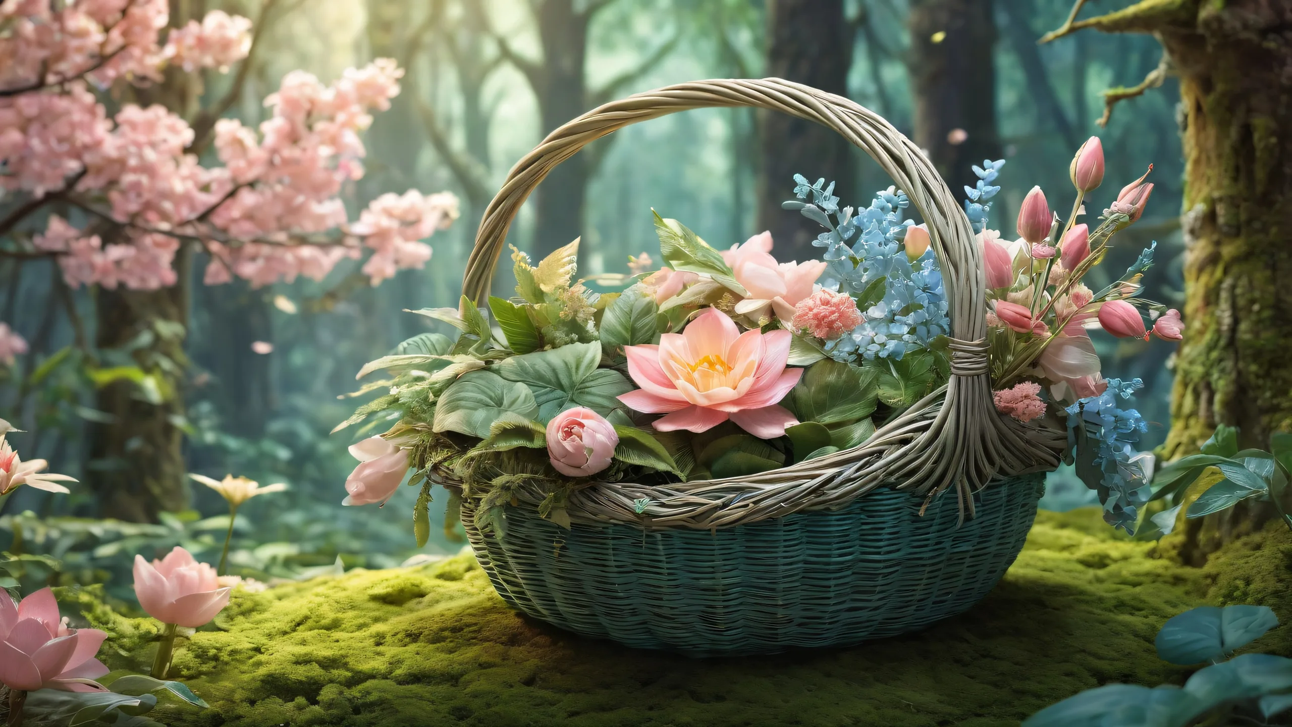 A stunning desktop image of a botanical basket against a pure void background, perfect for use on Desktop/PC.