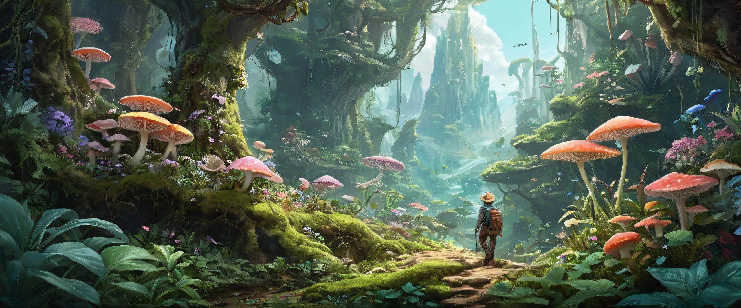 Epic Ethereal Botanical Oasis Desktop Wallpaper A breathtaking desktop wallpaper of a botanist with grab basket amidst a vast pure void, showcasing delicate plants and fungi on a desktop/PC.