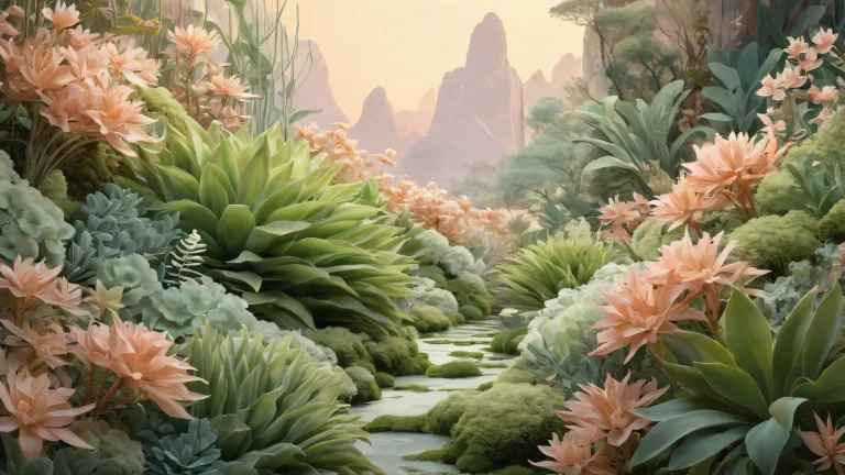 Desktop/PC wallpaper featuring lush plants with soft pastel hues and ancient mystical energies