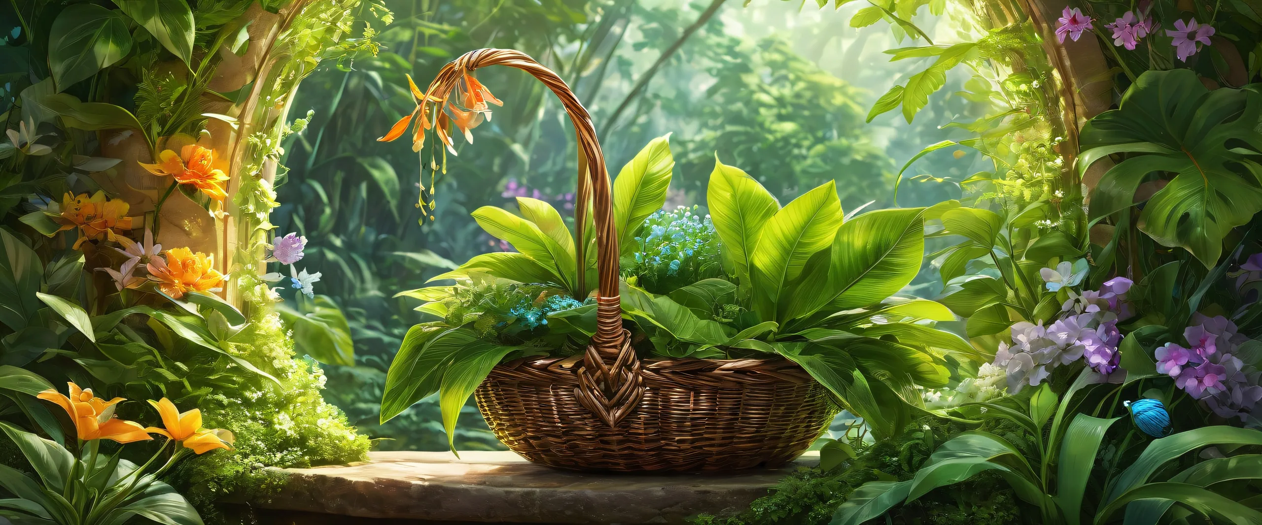 A serene botanical scene on a desktop/pc background, featuring lush greenery and radiant colors.