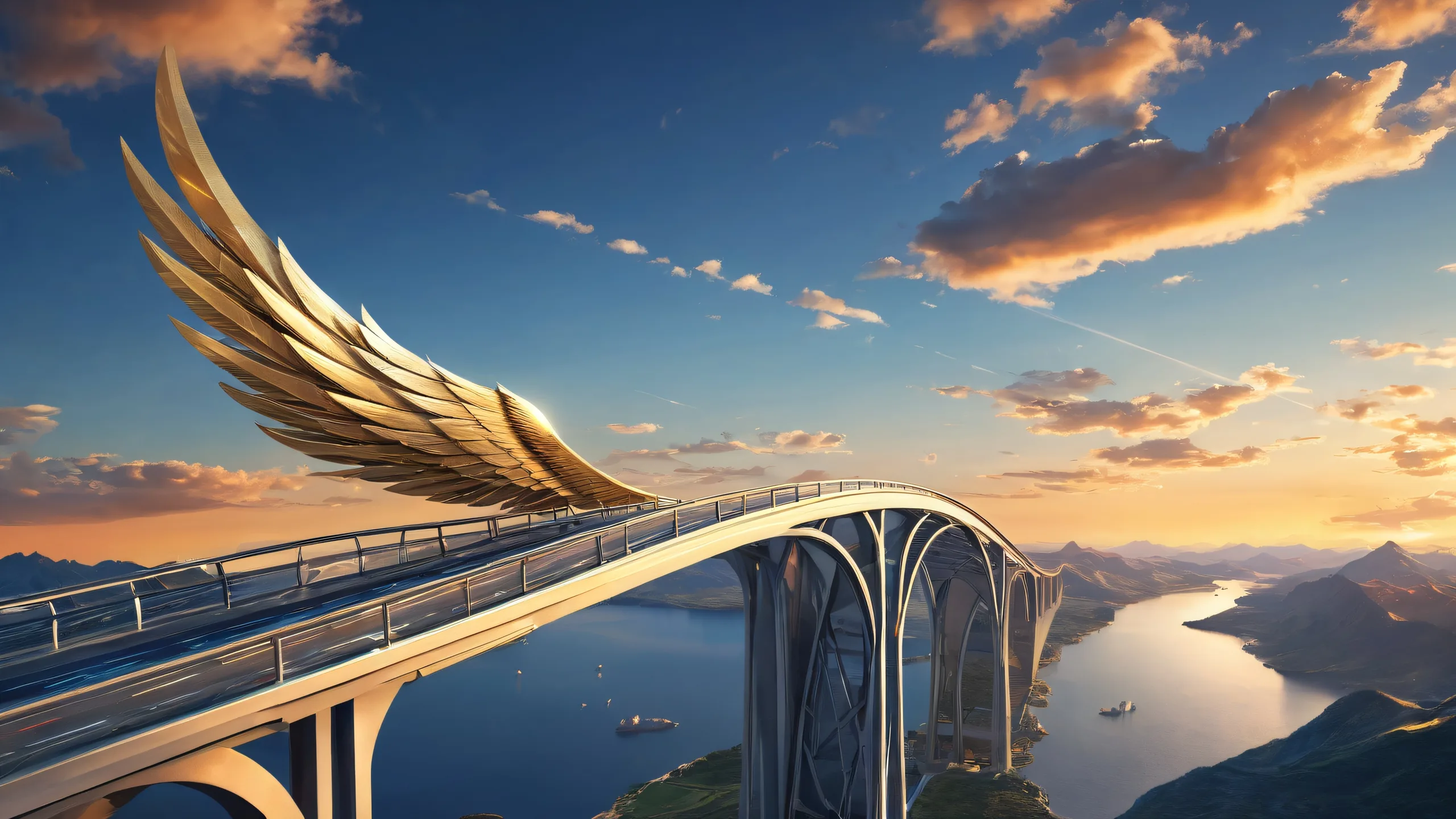 A stunning desktop image of a bridge with wings against a pure void, ideal for PCs and Desktops