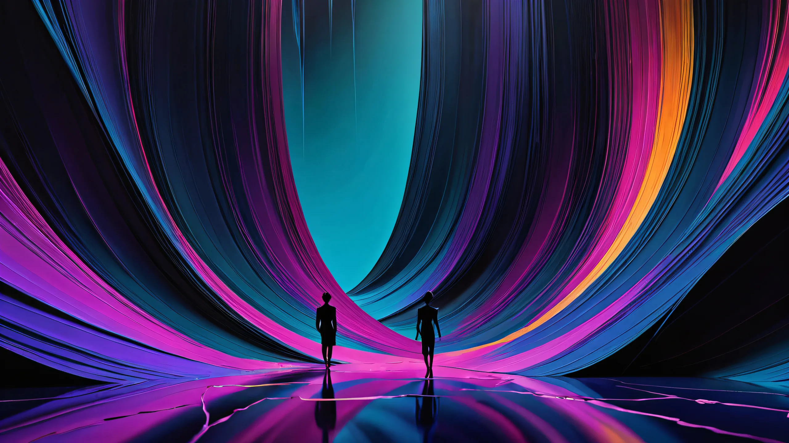 A breathtaking desktop image of Figures set against a vast pure void with extreme depth of field and pronounced texture and brushstrokes, reminiscent of abstract realism and expressionism, ideal for Desktop/PC.