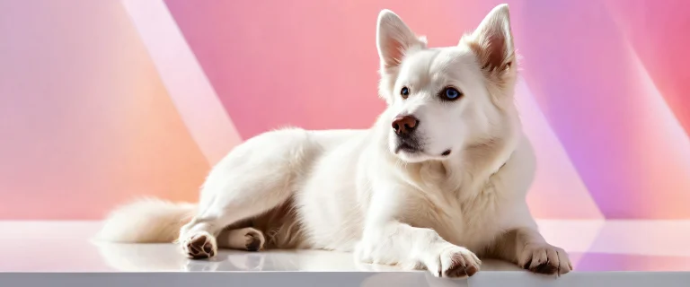 A beautiful dog sits in a vast, reine Leere, with ethereal lighting and brilliant colors.