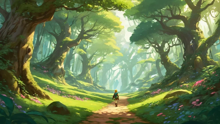 A stunning desktop wallpaper featuring Link amidst a lush forest canopy, parfait pour votre ordinateur de bureau/PC.