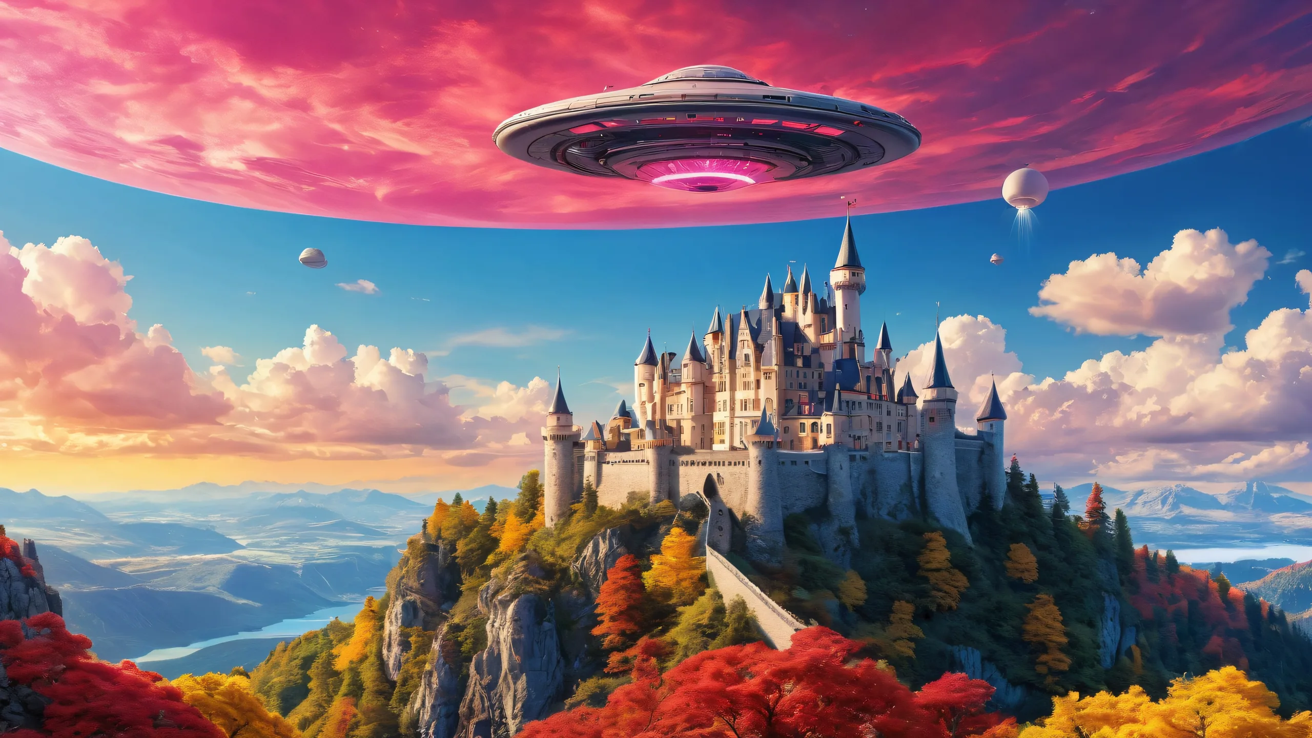 Desktop/PC wallpaper featuring a majestic castle with UFO and robot amidst a vast, pure void and dramatic fluffy cloud-filled sky.