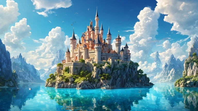 Floating castle on a vast pure void with particles, perfekt für Desktop-/PC-Hintergründe.