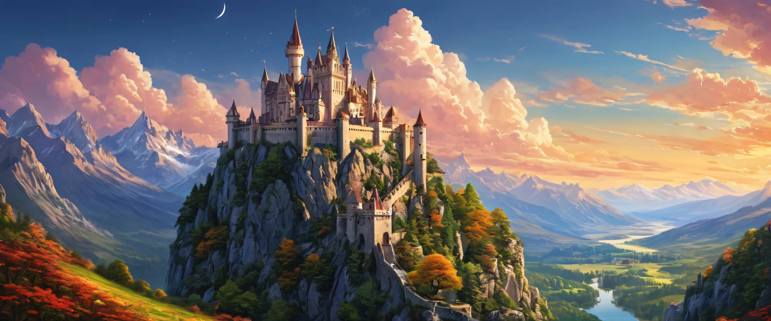 Desktop/PC wallpaper featuring a breathtaking castle scene with extreme depth of field and ethereal lighting.