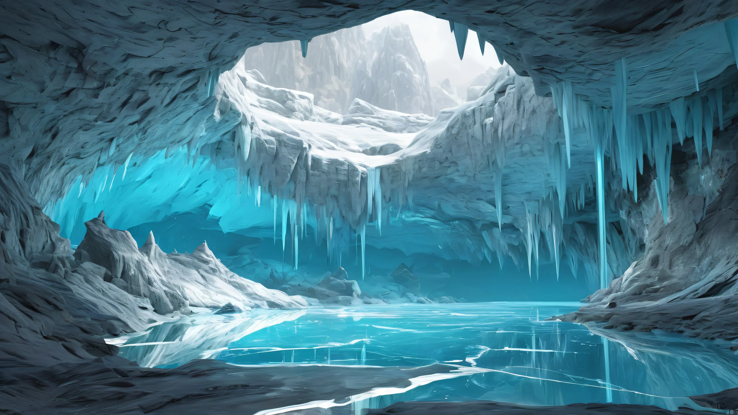 A beautifully rendered desktop wallpaper of a cave, perfect for your PC or laptop, featuring pristine clarity and ethereal lighting.