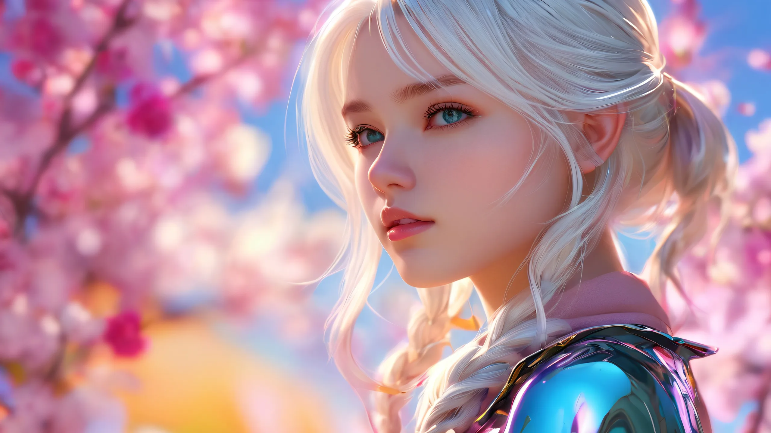 Girl amidst mechanical chaos on a pristine desktop/pc with ethereal lighting and vibrant colors.