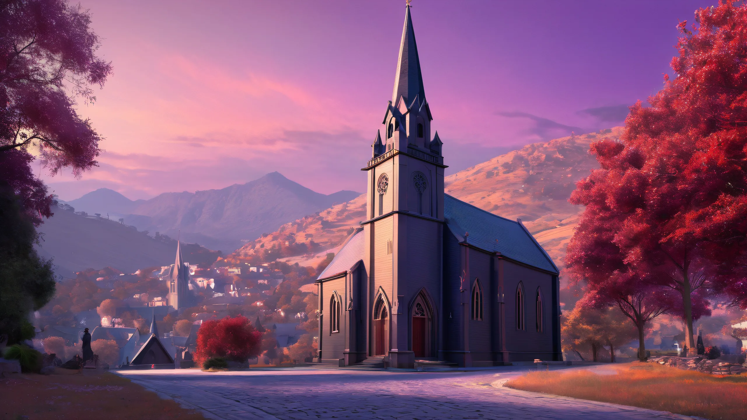 A stunning desktop image of a black church silhouette against a dark purple haze on a pure void background, suitable for Desktop/PC use.