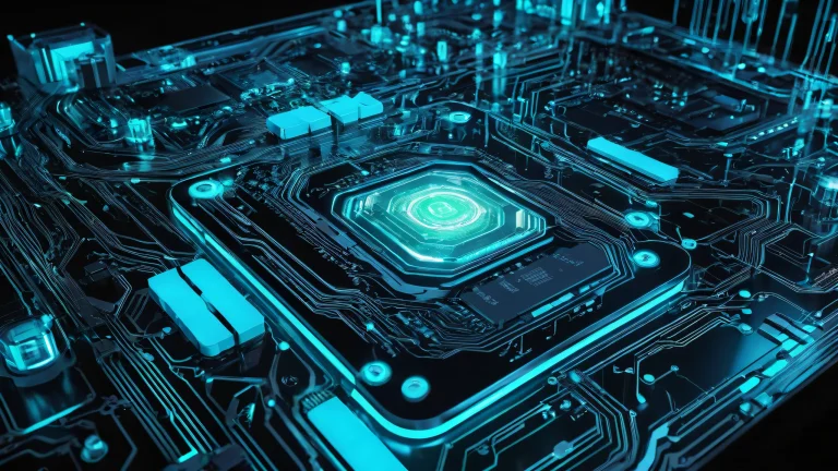 A futuristic desktop scene featuring intricate circuitry on a pure void background suitable for PCs and Macs.