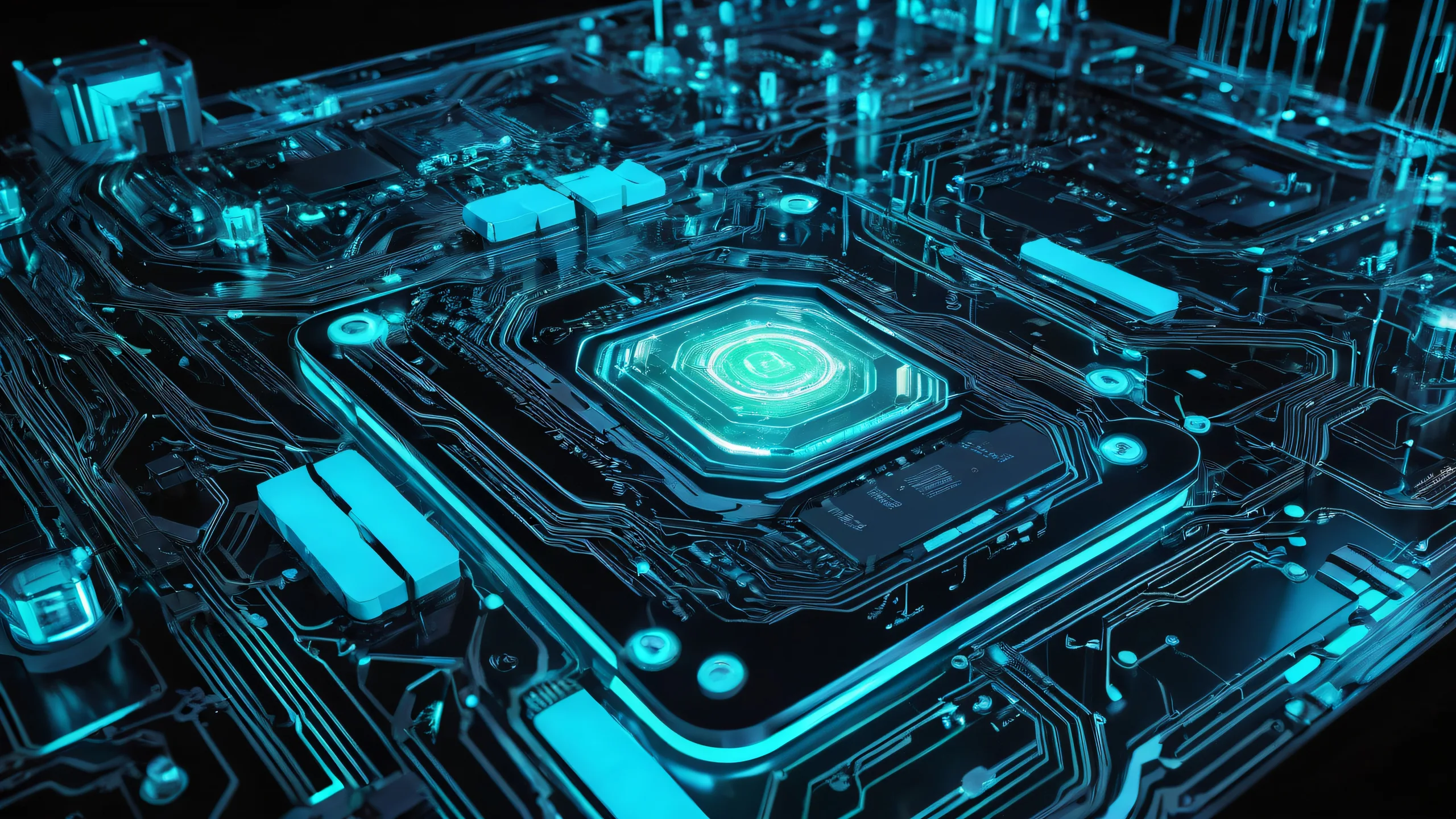 A futuristic desktop scene featuring intricate circuitry on a pure void background suitable for PCs and Macs.