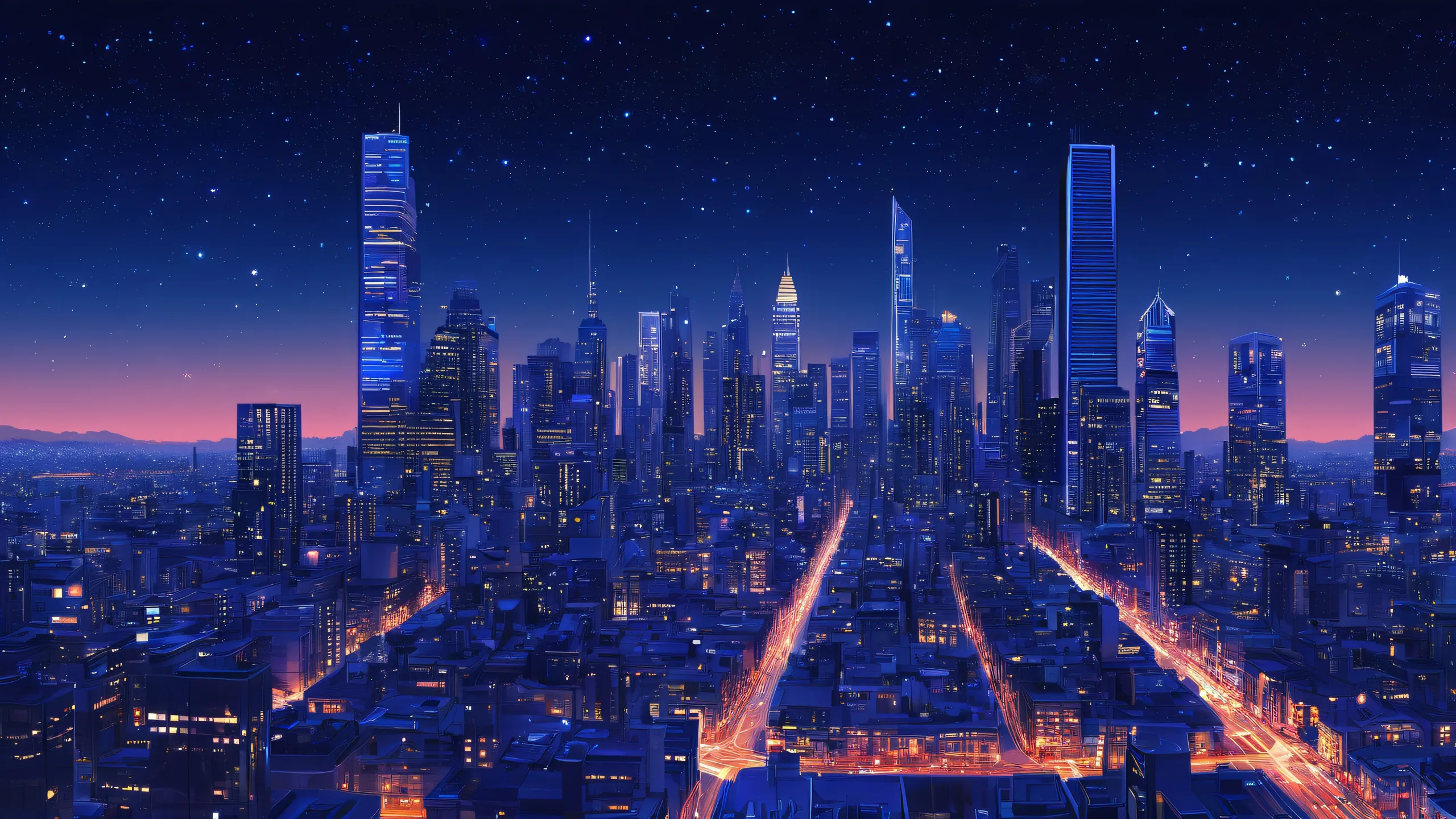 A serene and breathtaking cityscape on a desktop or PC with a dark blue sky and subtle starlight, perfect for relaxation.