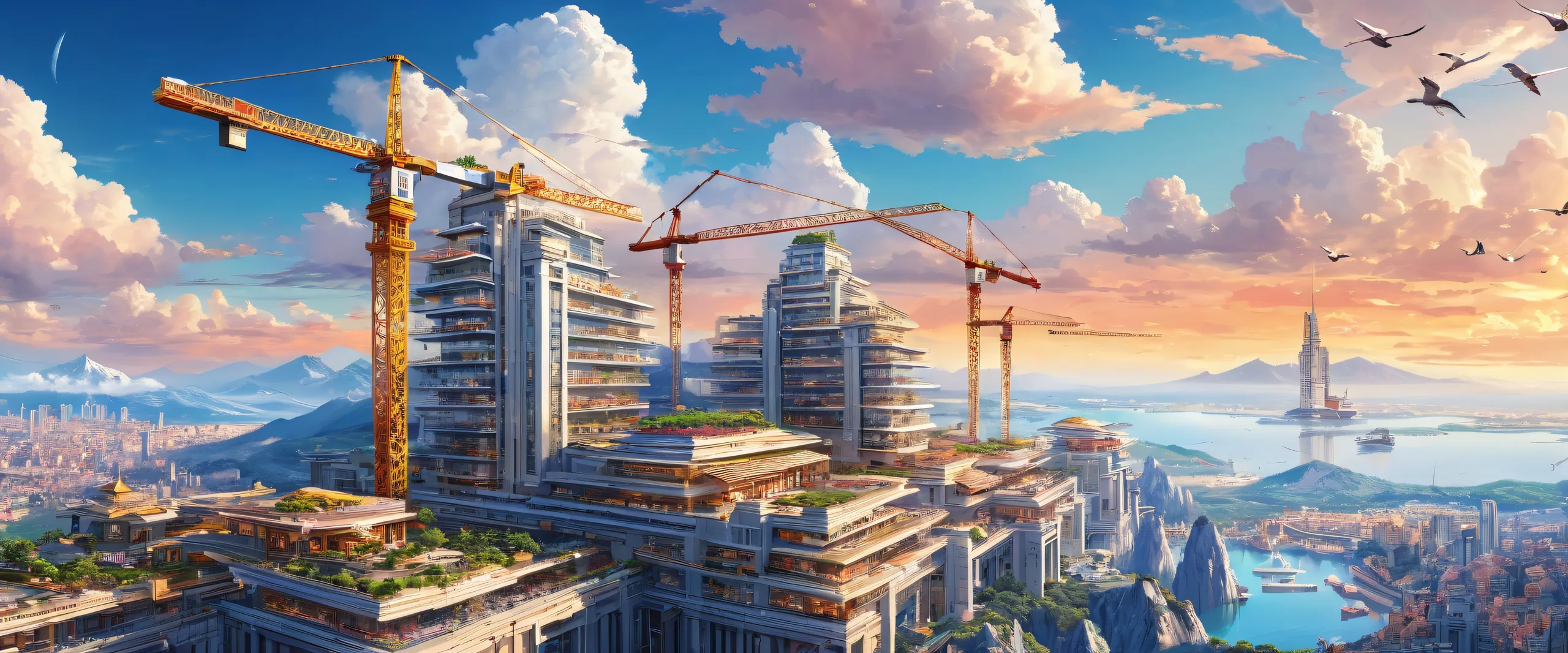A breathtaking desktop wallpaper featuring a futuristic cityscape with clouds and cranes on a perfectly clean void, suitable for Desktop/PC use.