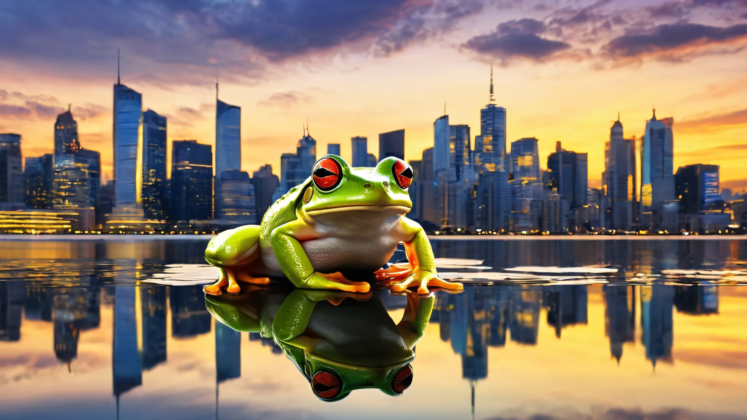 A breathtaking desktop wallpaper featuring a modern city skyline reflected on the water's edge with a cloudless sky and vibrant colors, perfect for your Desktop/PC.