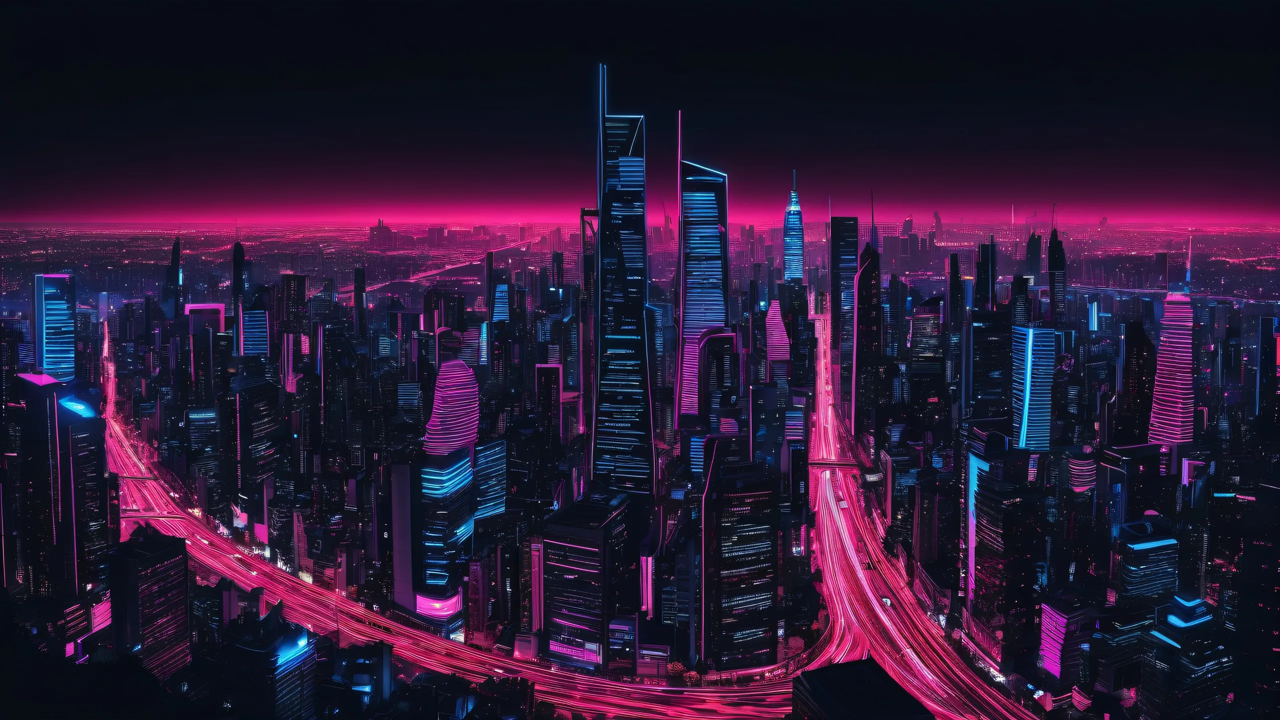 4K Ethereal Cityscape at Dusk Desktop Background A stunning cityscape for your desktop or PC, featuring deep blues and neon pinks in a sleek dark mode aesthetic.