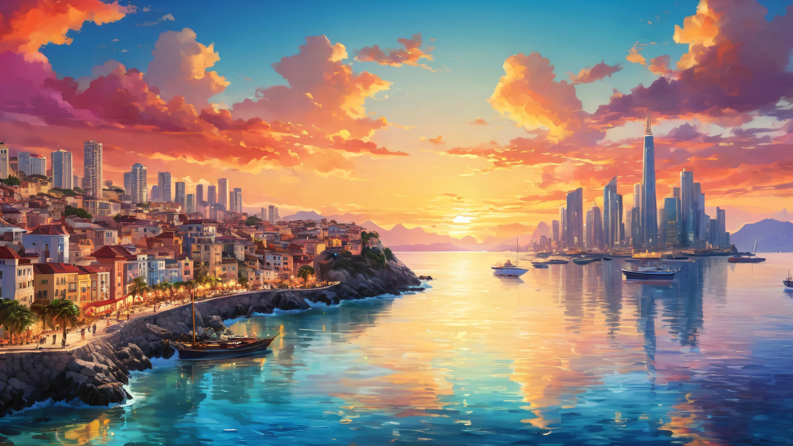 Coastal cityscape desktop background with a city in the distance, perfect for PC or Desktop.