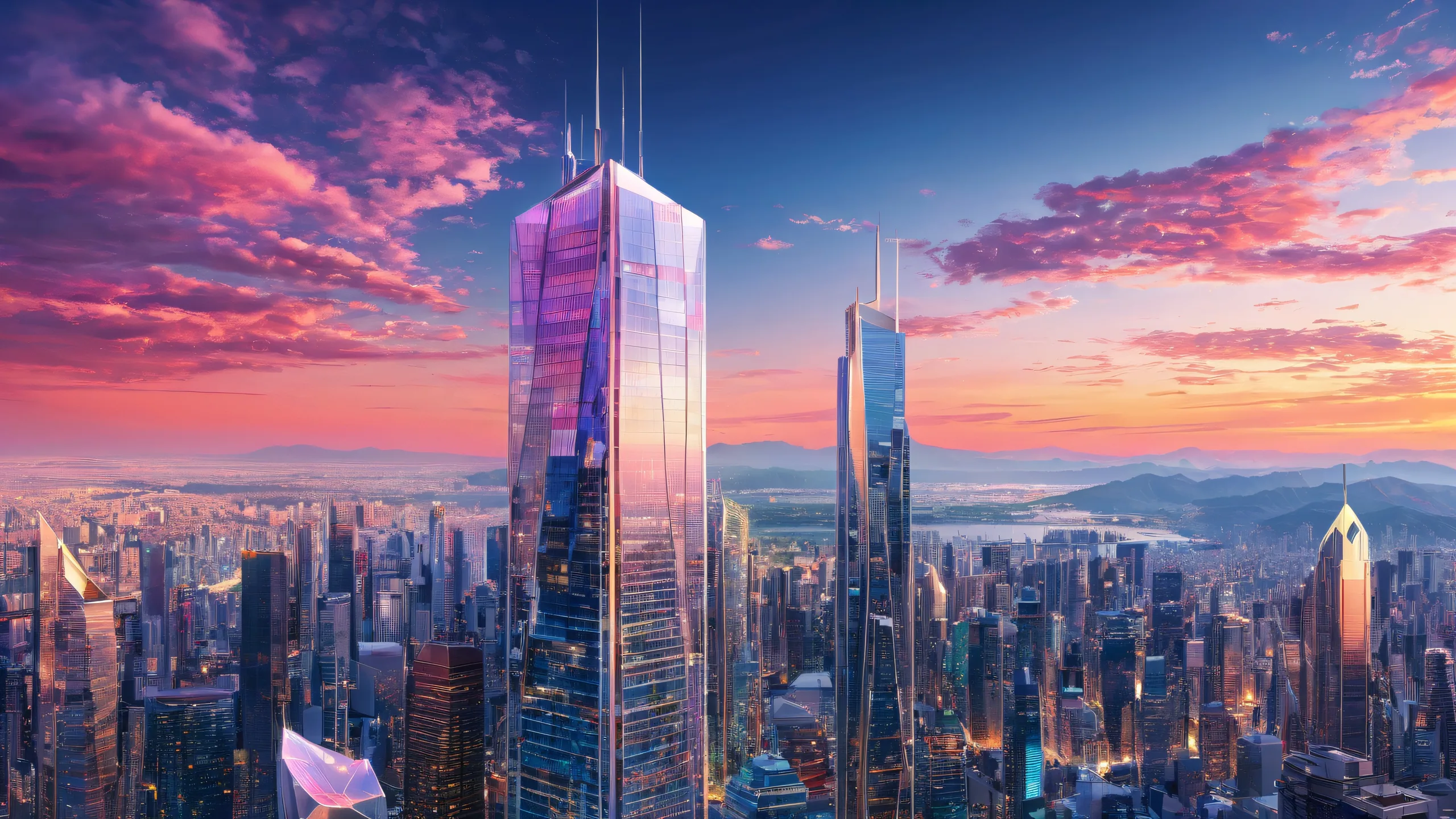 Desktop/PC wallpaper featuring a stunning skyscraper scene with ethereal lighting and brilliant colors.