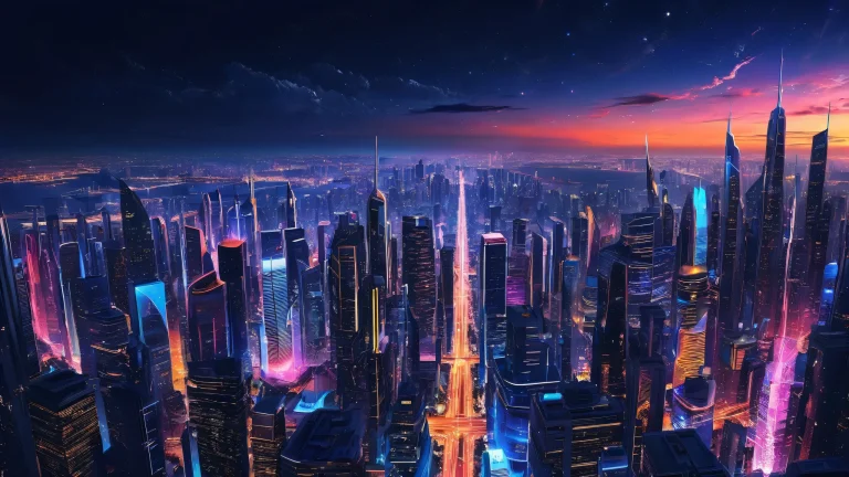 Breathtaking cyberpunk cityscape desktop wallpaper with stars shining bright in a deep blue sky, perfect for PC or Desktop.