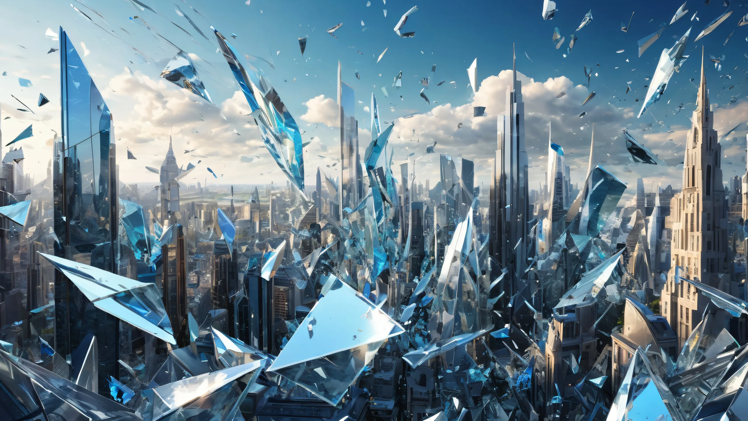 Falling glass shards above a city on a desktop or PC, with a vast pure void and depth of field for a stunning visual impact.