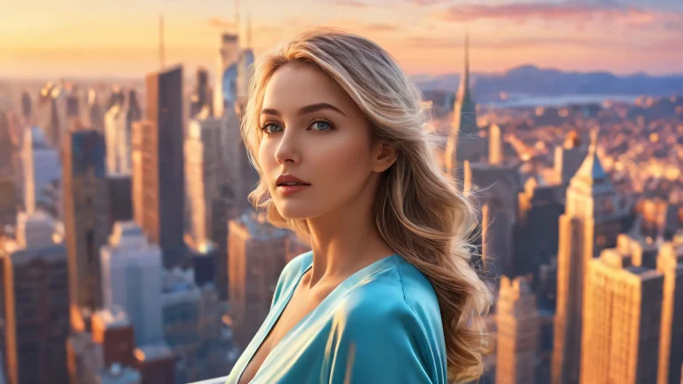 A stunning desktop wallpaper of a mature female standing above a city, with an extreme depth of field, for use on Desktop/PC.