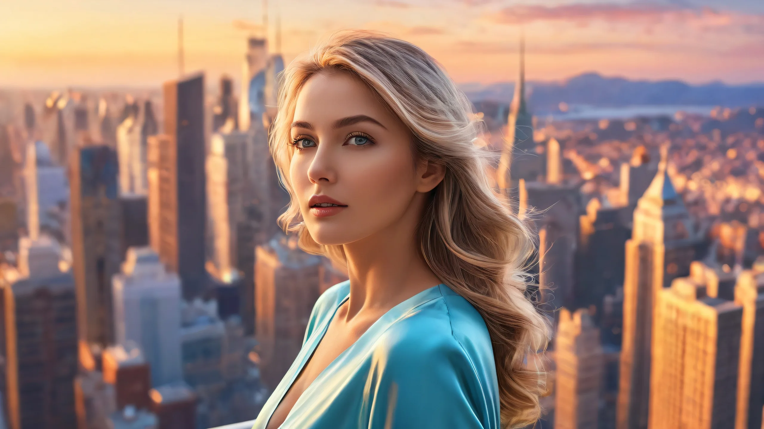 A stunning desktop wallpaper of a mature female standing above a city, with an extreme depth of field, for use on Desktop/PC.