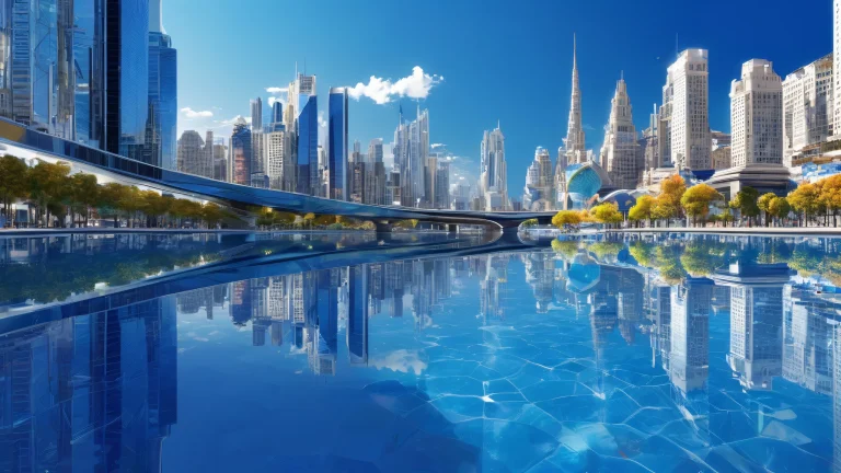 A breathtaking desktop wallpaper of a cityscape with extreme depth of field, set against a bright blue sky, suitable for Desktop/PC.