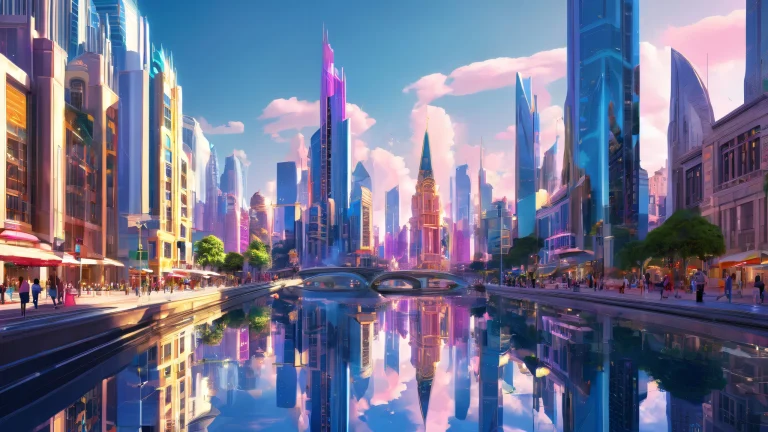 Beautiful cityscape desktop wallpaper for PC or Mac, featuring ethereal lighting and brilliant colors.