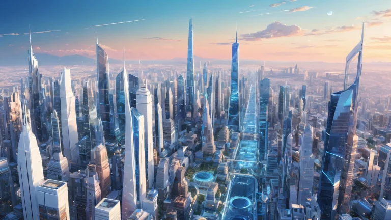 Beautiful futuristic cityscape on a desktop/pc background with radiant colors and ray-traced reflections.