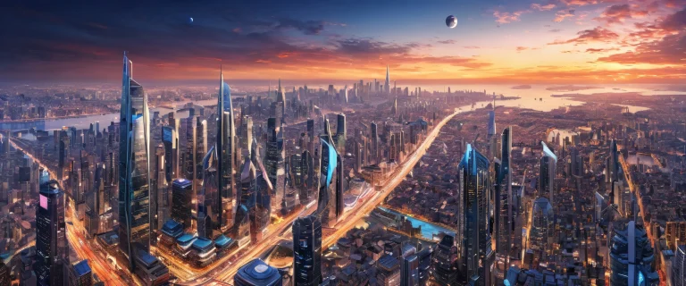 A futuristic city on a pure void background for desktop/PC use.