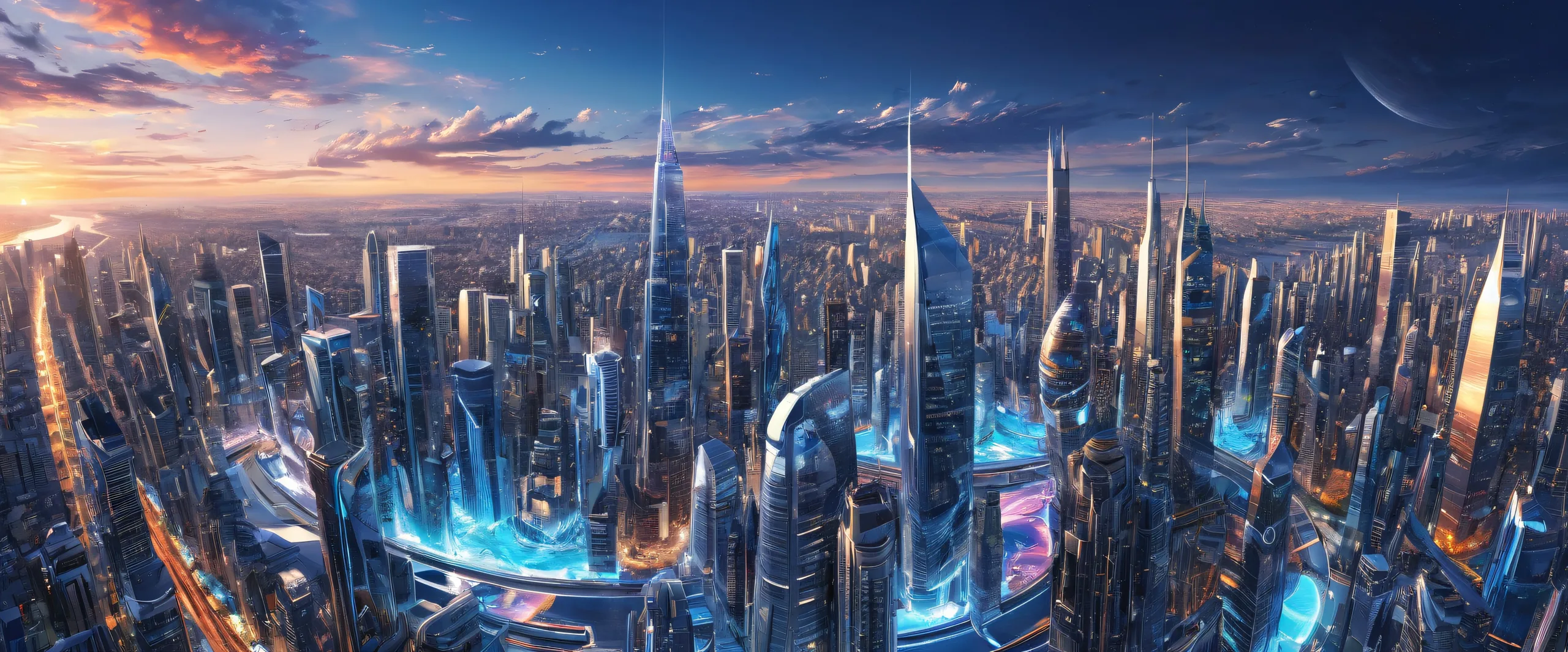 A stunning desktop wallpaper featuring a futuristic cityscape on a pristine void, perfect for a desktop or PC.