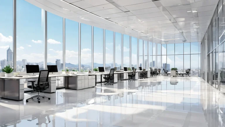 A stunning desktop image of an office building set against a vast, 純粋な虚空, PCやデスクトップに最適.