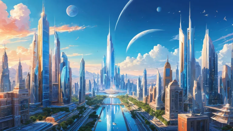A breathtaking cityscape for your desktop or PC, with a vast blue sky and award-winning digital art.