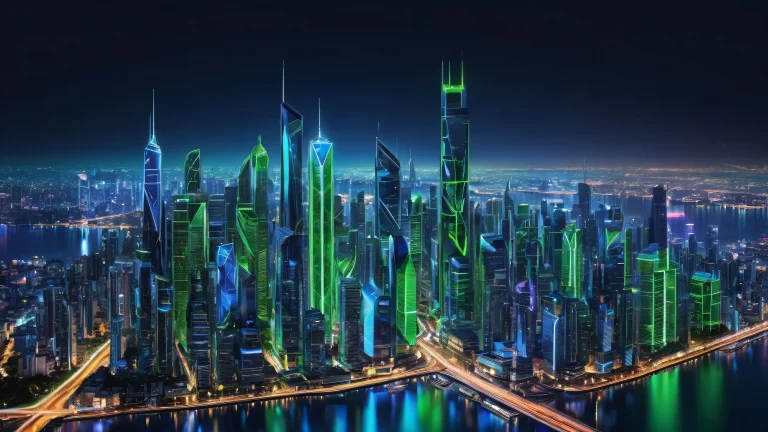A futuristic city landscape for desktop use on a PC or Desktop, avec un éclairage éthéré et des couleurs brillantes.