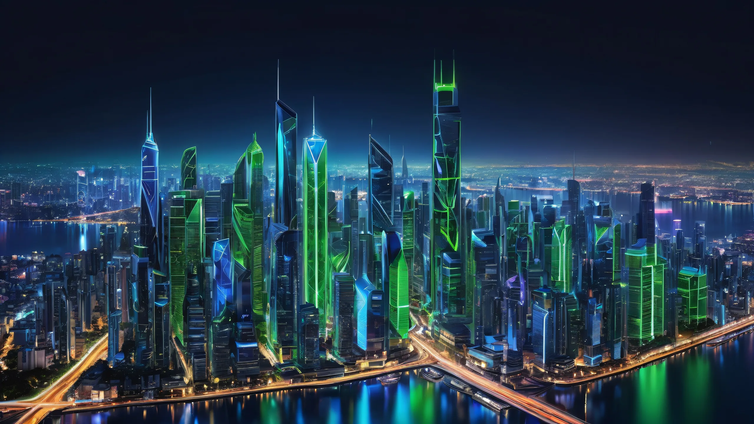 A futuristic city landscape for desktop use on a PC or Desktop, with ethereal lighting and brilliant colors.
