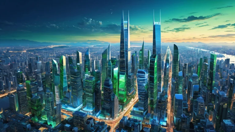 A serene and majestic cityscape for your desktop/pc, featuring a vast pure void with breathtaking depth of field, colores radiantes, and stunning reflections.