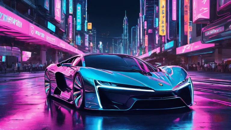 A futuristic cityscape on a pristine desktop or PC with neon lights and sleek designs, perfect for a high-end computing experience.