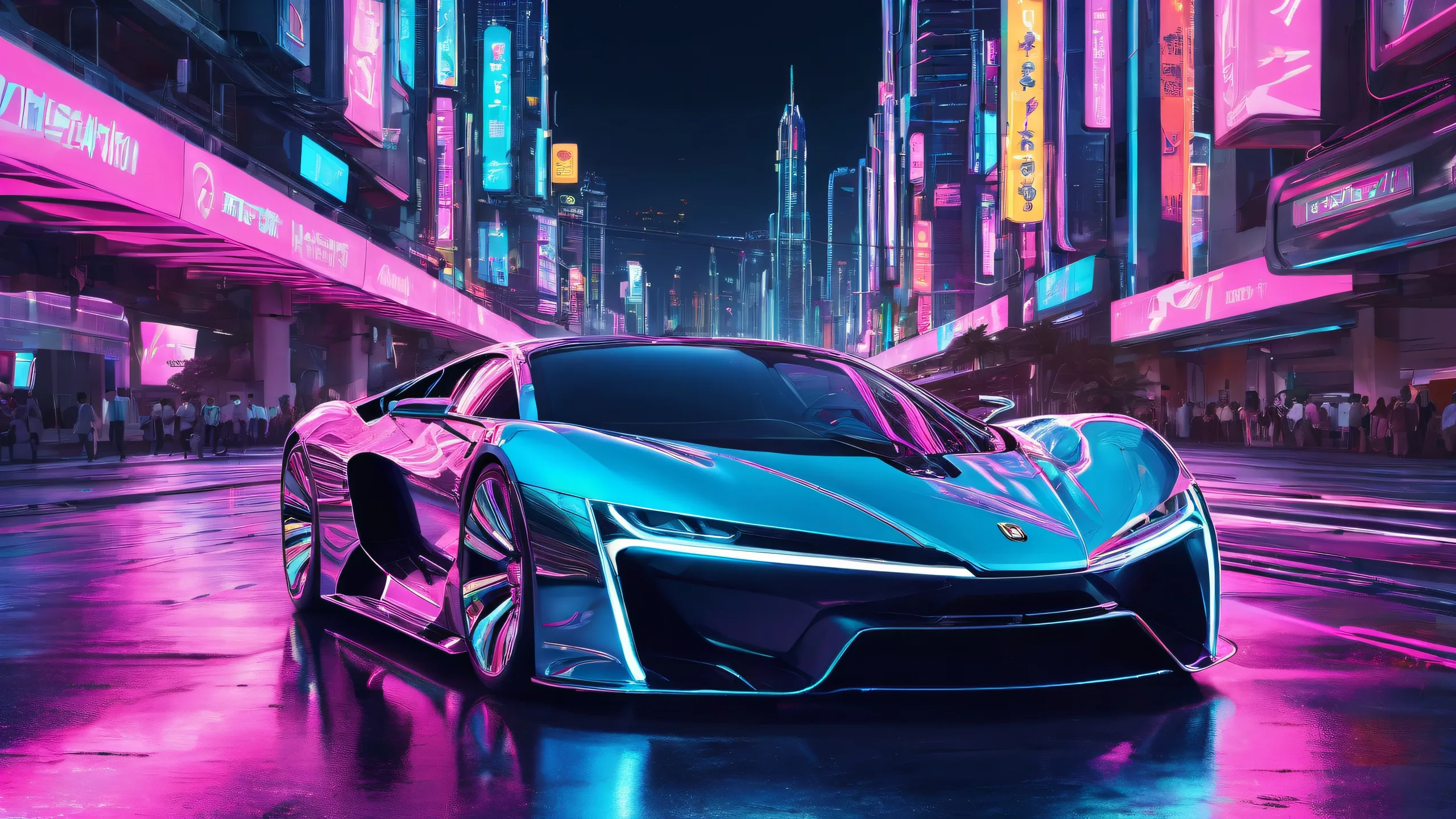 A futuristic cityscape on a pristine desktop or PC with neon lights and sleek designs, perfect for a high-end computing experience.