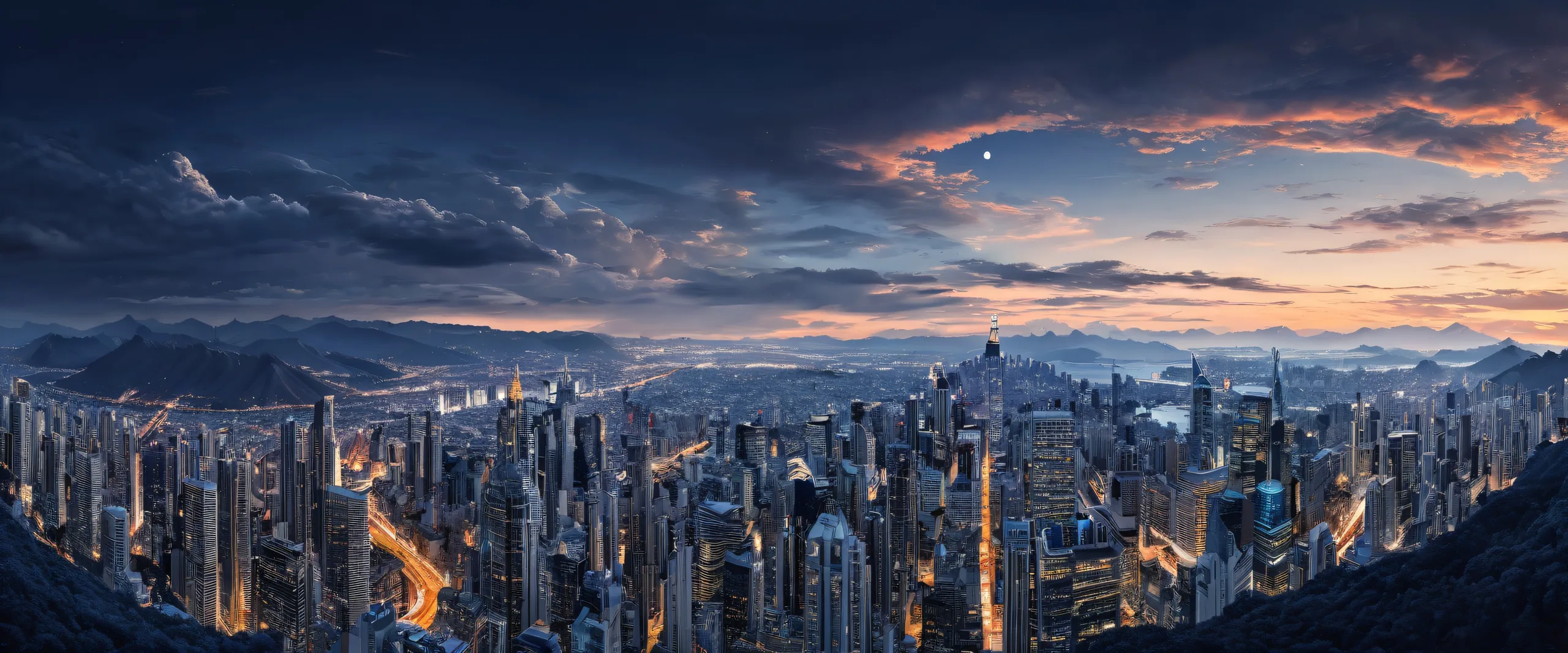 Mature Female gazing out at a city on a pure void desktop/pc wallpaper with extreme depth of field and cinematic lighting.