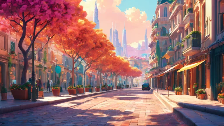 A serene cityscape on a desktop/PC with pristine clarity and subtle textures, blending real-world architecture and video game art, simulating a sunny day.