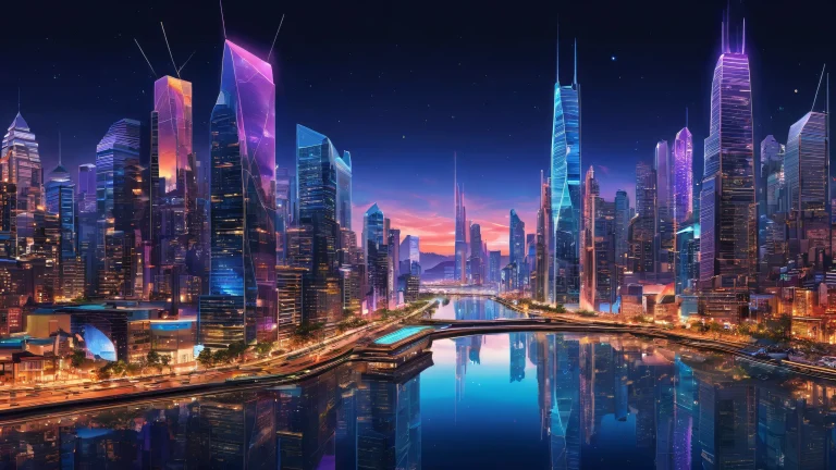 A breathtaking cyberpunk cityscape at night with radiant lighting and ray traced reflections for a desktop or PC.