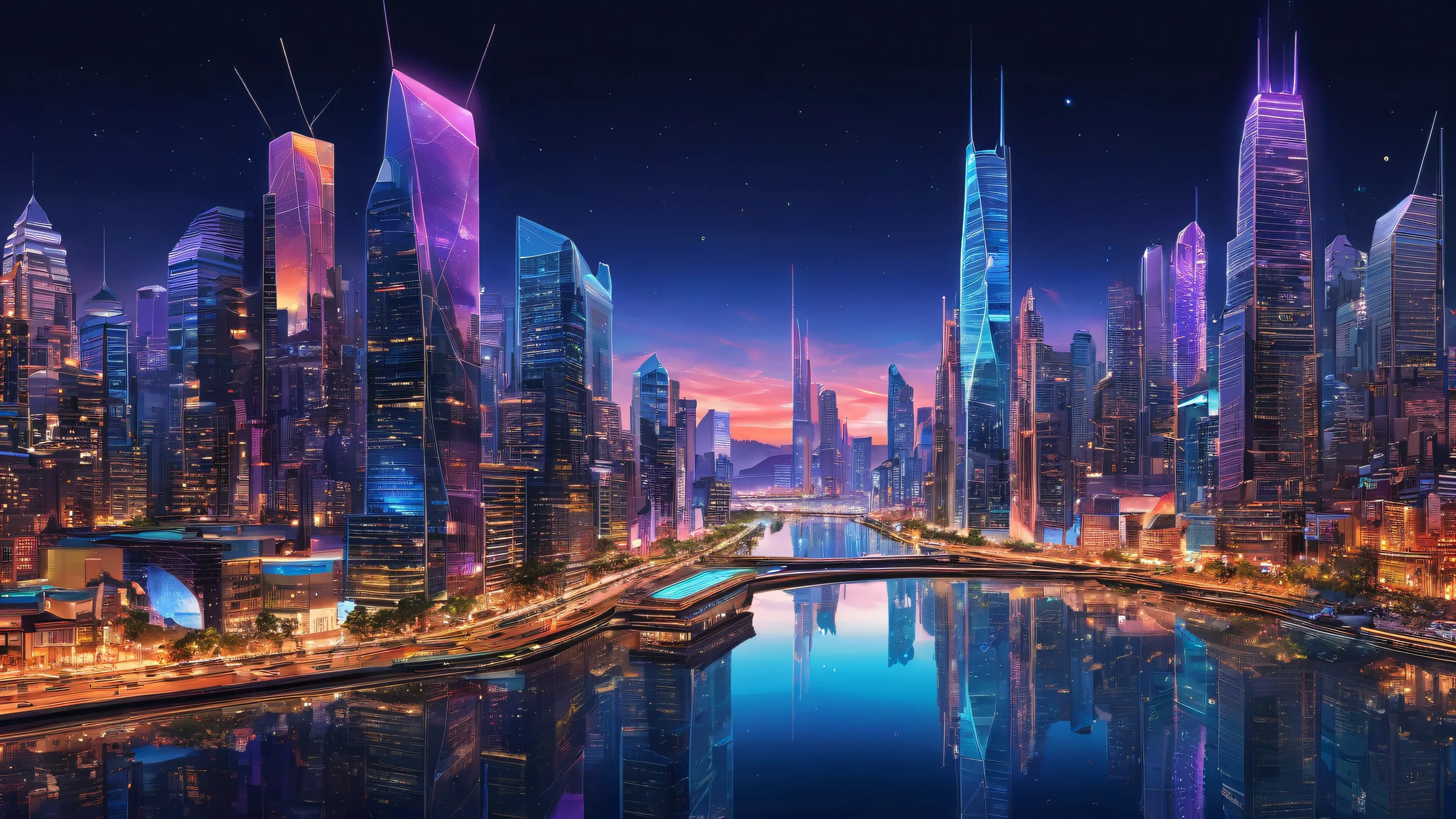 A breathtaking cyberpunk cityscape at night with radiant lighting and ray traced reflections for a desktop or PC.