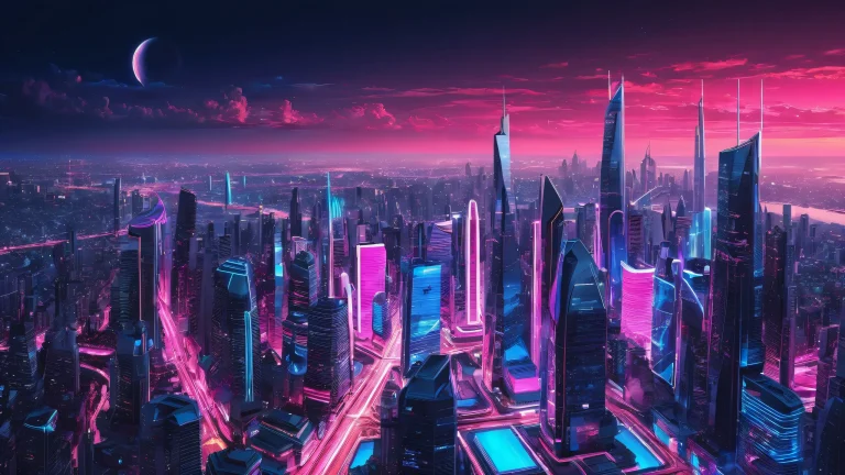 A futuristic cityscape on a pristine desktop/pc background, featuring radiant colors and reflections.