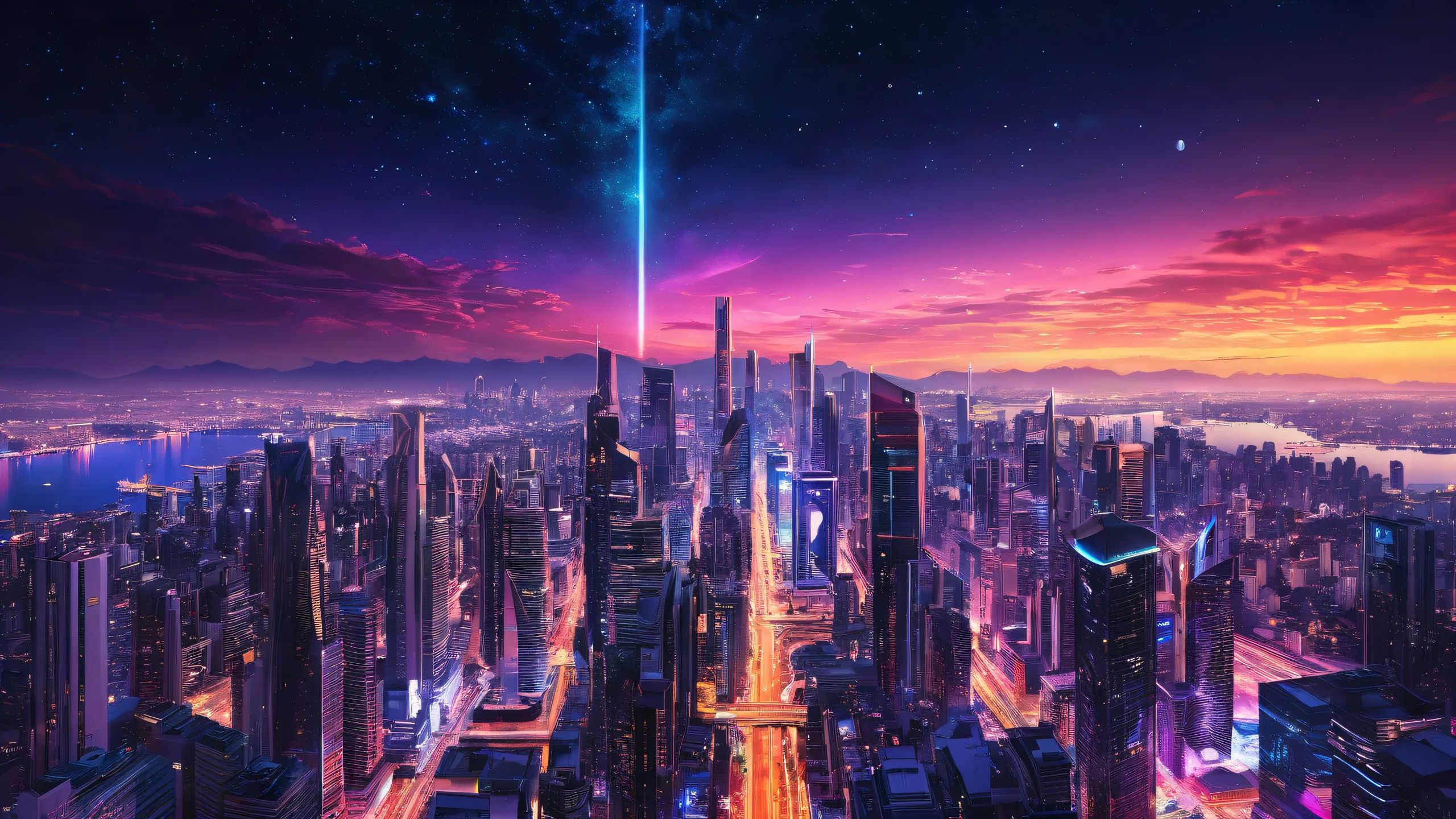 A breathtaking desktop wallpaper of a futuristic cityscape at night with stars shining bright and neon lights reflecting on the pure void.