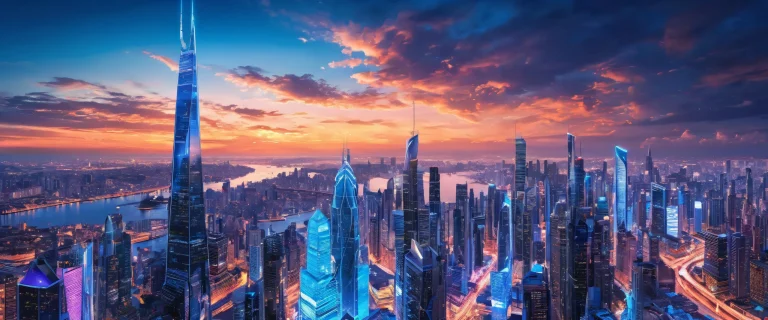 A stunning cyberpunk cityscape on a pristine desktop/pc background with radiant colors and ray traced reflections.