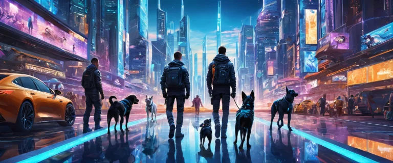 Group of men with dog standing in a futuristic cityscape on a pristine desktop/pc background.
